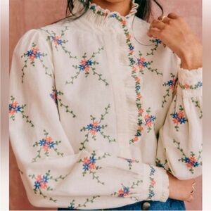 Sezane Cream Embroidered Floral Ruffle-Trim Blouse